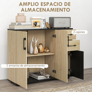 Aparador de 2 Puertas, Aparador de Salón Estrecho con 2 Cajones, Armario de Cocina con Estante Ajustable, para Entrada, Dormitorio, 90x30x75,5 cm, Natural y Negro