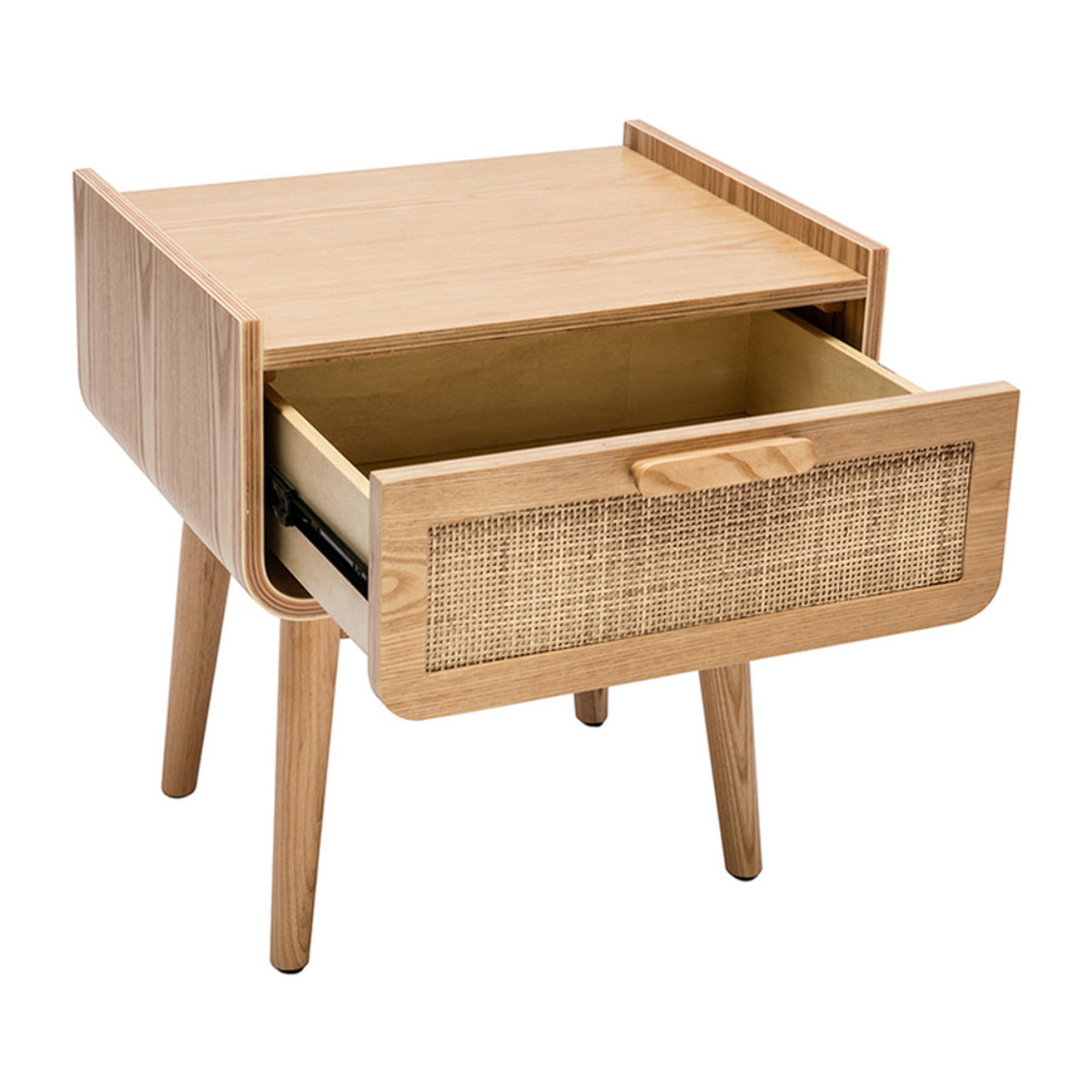 Table de chevet avec tiroir en bois clair frêne et cannage rotin ATHÈNE