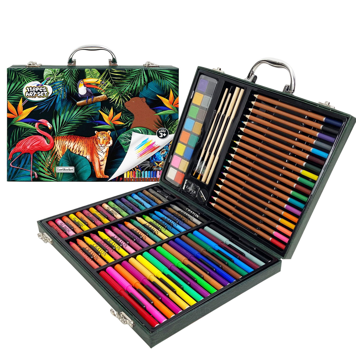 Maletin bellas artes 118 piezas con lapices y rotuladores, acuarelas, ceras pastel, pinceles y accesorios. Diseño jungla.