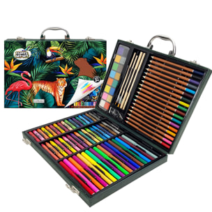 Maletin bellas artes 118 piezas con lapices y rotuladores, acuarelas, ceras pastel, pinceles y accesorios. Diseño jungla.