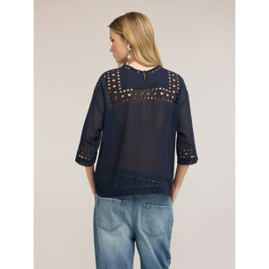 Motivi - Blusa in georgette con ricami ajouré - Blu