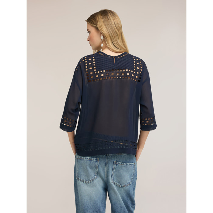 Motivi - Blusa in georgette con ricami ajouré - Blu