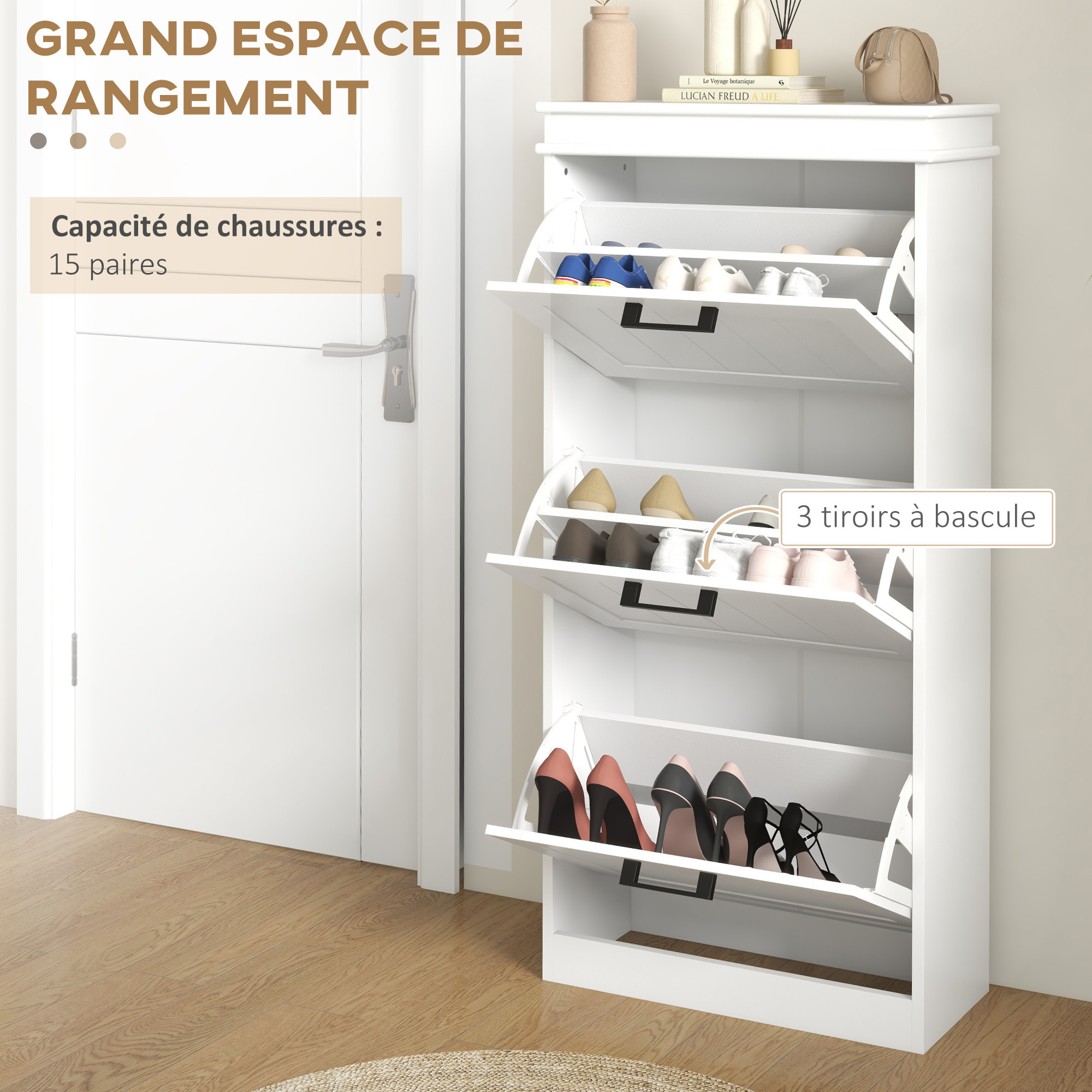 Meuble à chaussures 3 portes abattants 3 étagères poignées métal noir MDF blanc