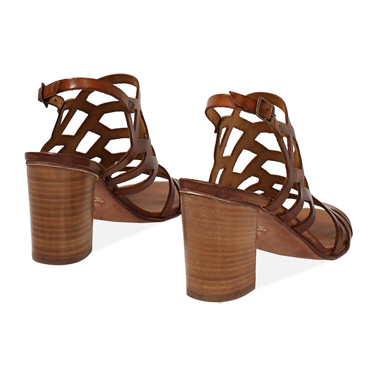 Sandalo donna cognac in vacchetta, tacco largo 7,5 cm