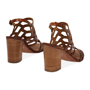 Sandalo donna cognac in vacchetta, tacco largo 7,5 cm