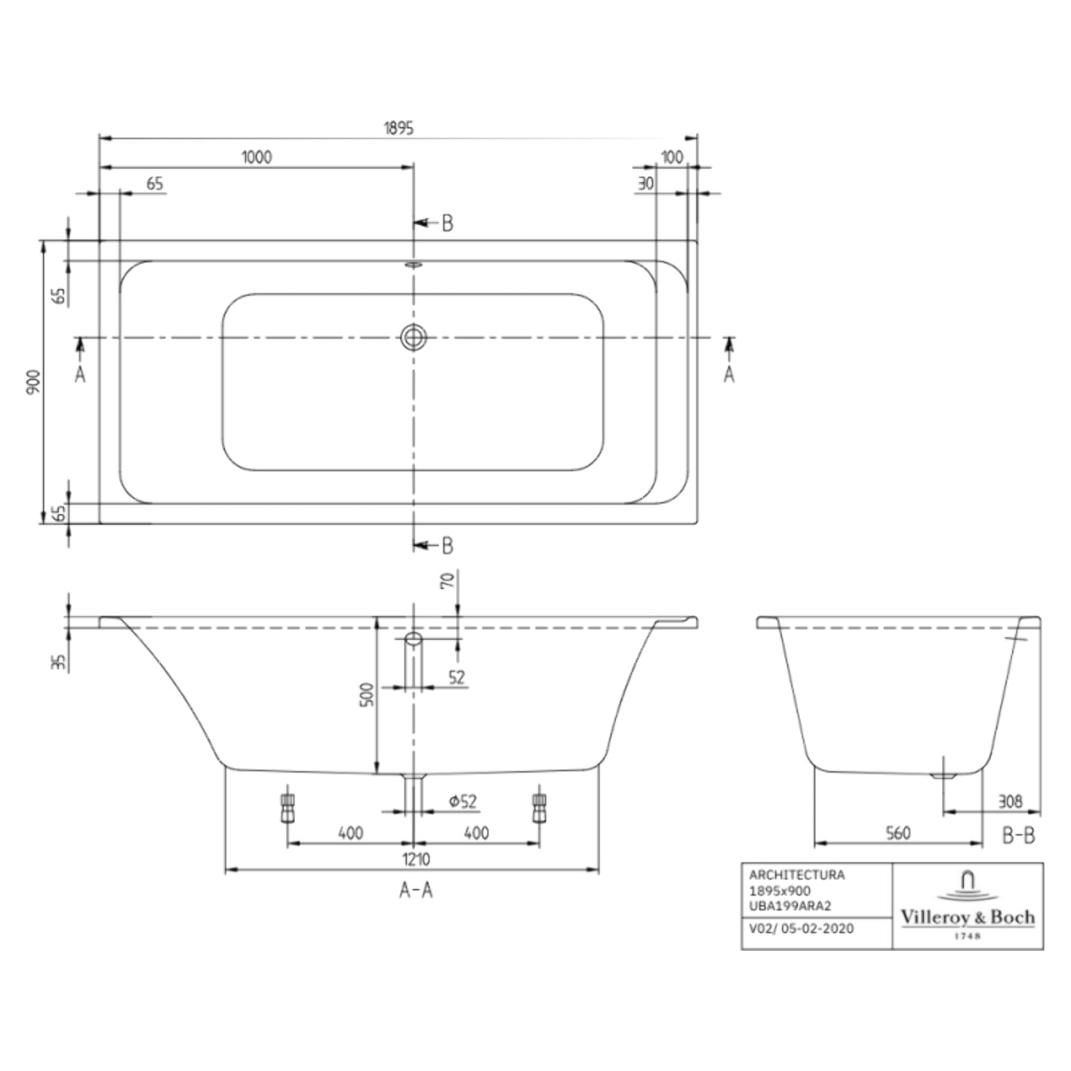 Baignoire droite VILLEROY & BOCH Architectura avec pieds acrylique 190 x 90 cm  + Pare bain droite AURYS Raywall Noir mat