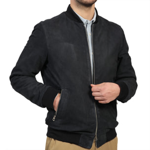 Giubbino in vera pelle di vitello scamosciata Blu-Slim Fit