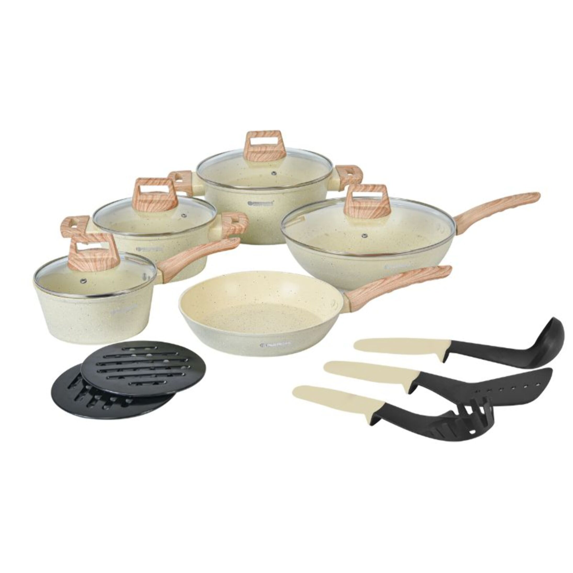Batterie de cuisine 14 pièces avec revêtement en granit et manche en bois Beige Herzberg HGWDBEJ14-BEI