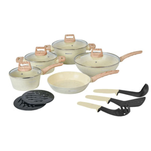 Batterie de cuisine 14 pièces avec revêtement en granit et manche en bois Beige Herzberg HGWDBEJ14-BEI