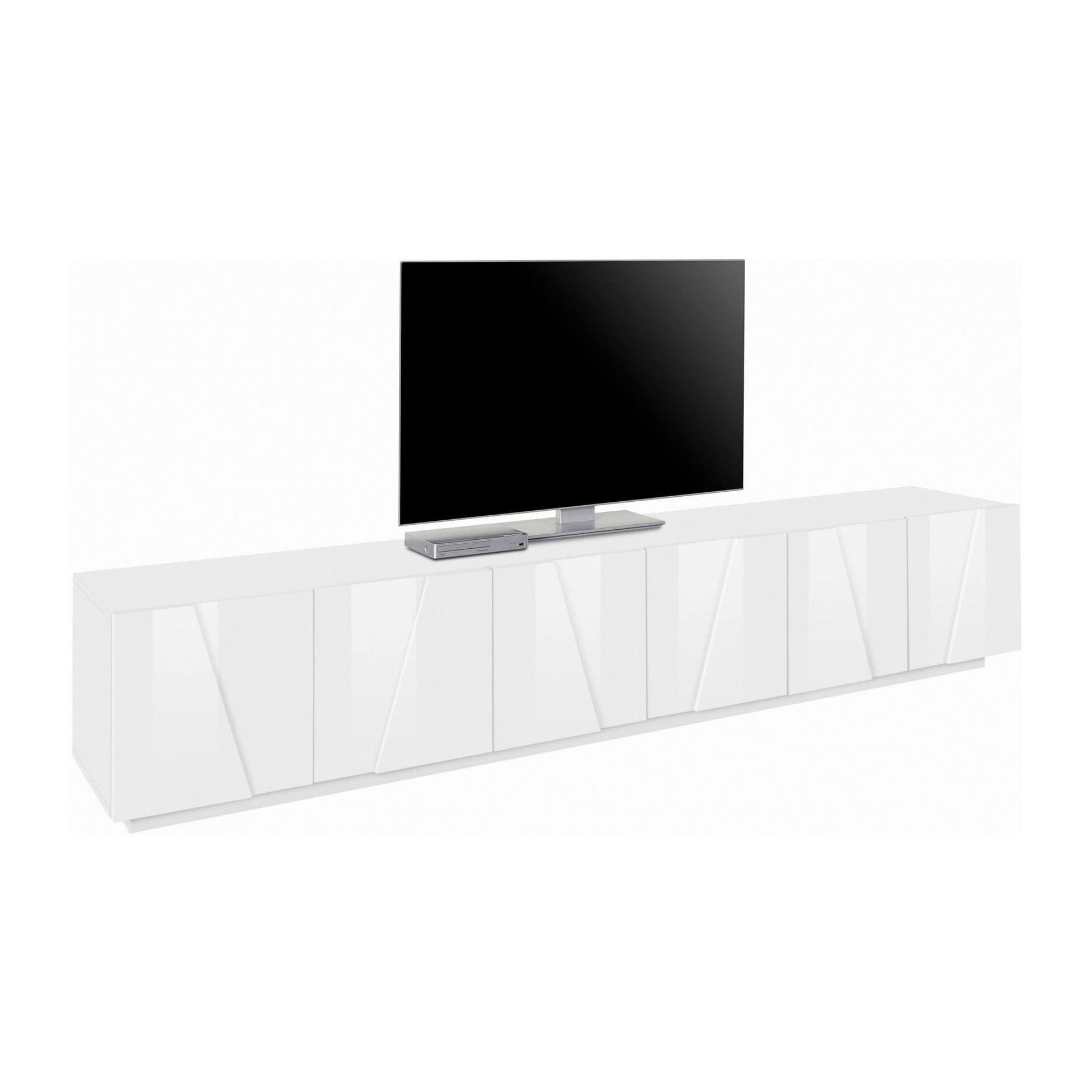 Mobile da soggiorno Porta TV, Made in Italy, Supporto per TV da salotto a 6 antine battenti con dettaglio, cm 244x44h46, colore Bianco lucido