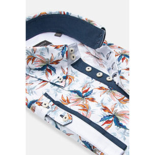Camicia Uomo Manica Corta 2 Bottoni Button Down 7 Botto Popeline Stretch Stampato Bianco\Blu Inchiostro