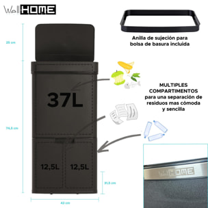 Well home papelera de reciclaje 62l (37l+25l), cubo de basura con 2 compartimentos, apertura automática con sensor, en acero inoxidable, negro