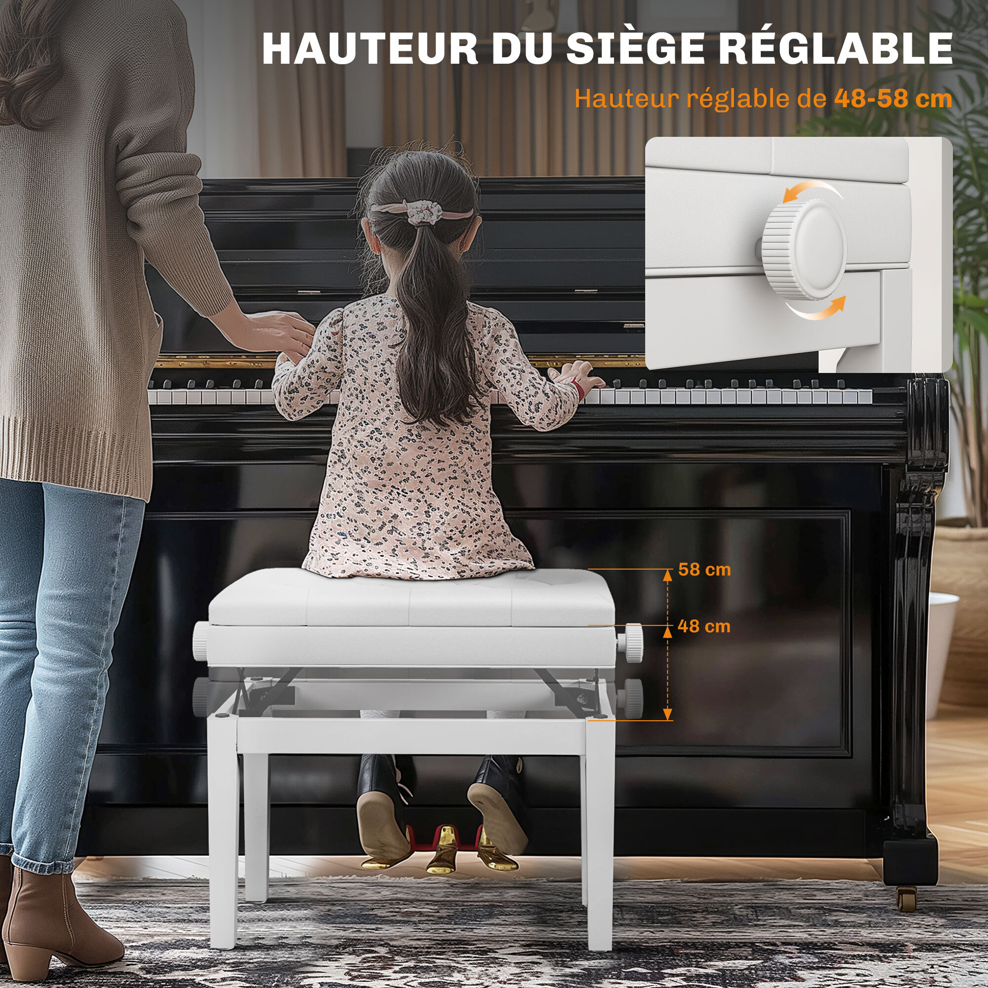 Banquette tabouret siège pour piano hauteur réglable 55L x 33l x 48-58H cm coffre de rangement interne assise revêtement synthétique capitonné bois blanc
