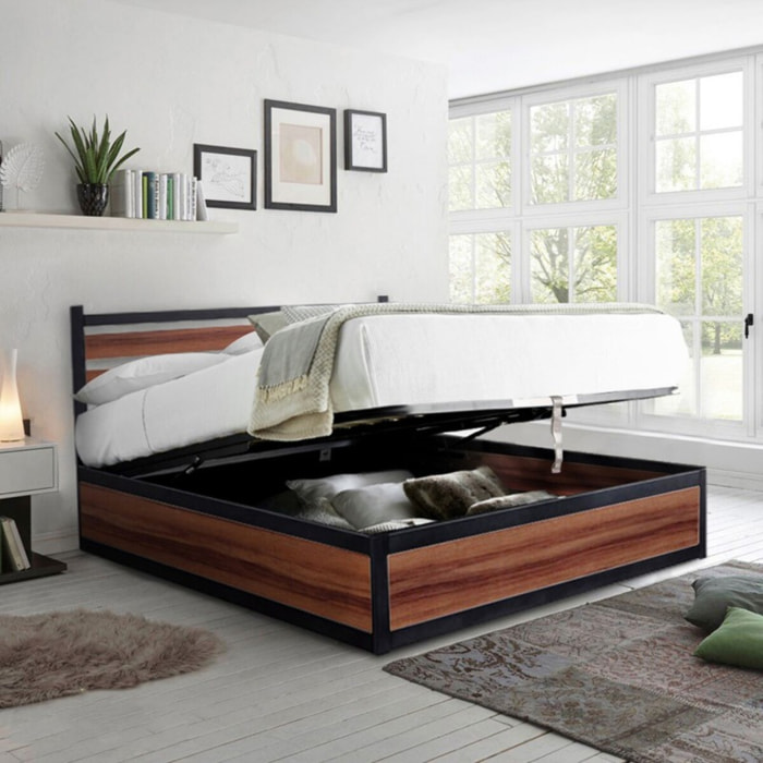 Ensemble lit coffre Chicago bois foncé style industriel avec matelas Excellence