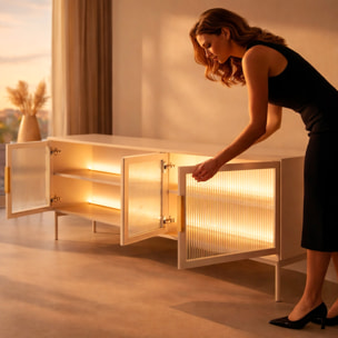 Mobile Tv elegante con 4 ante in vetro, ripiani interni e illuminazione LED integrata. Struttura resistente laminato 181.3 x 39.3 x 61.6 cm Cashmere