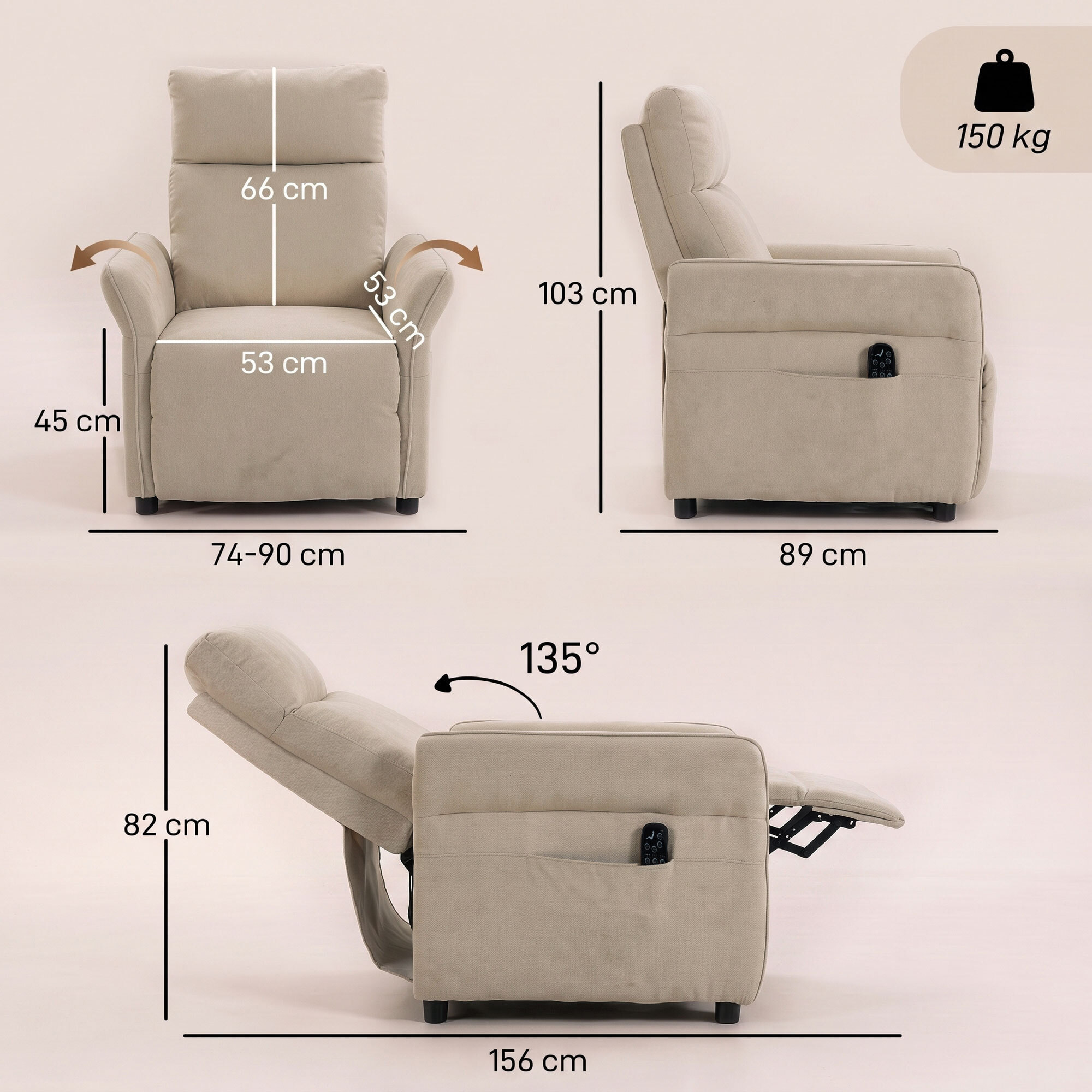 HOMCOM Sillón de Masaje, Sillón Relax Reclinable 135° Manual, Calor Lumbar, Mando a Distancia, Reposapiés, 8 Zonas de Masaje, Reposabrazos Ajustables, Asiento Muelles, Bolsillos, Tapizado Rizo, Beige