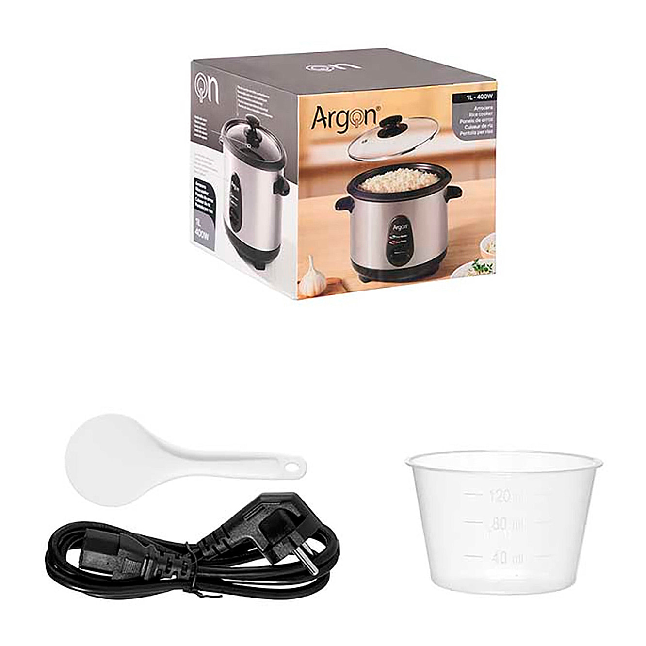 Olla arrocera eléctrica de acero inoxidable. Con 1L de capacidad y 400W de potencia.