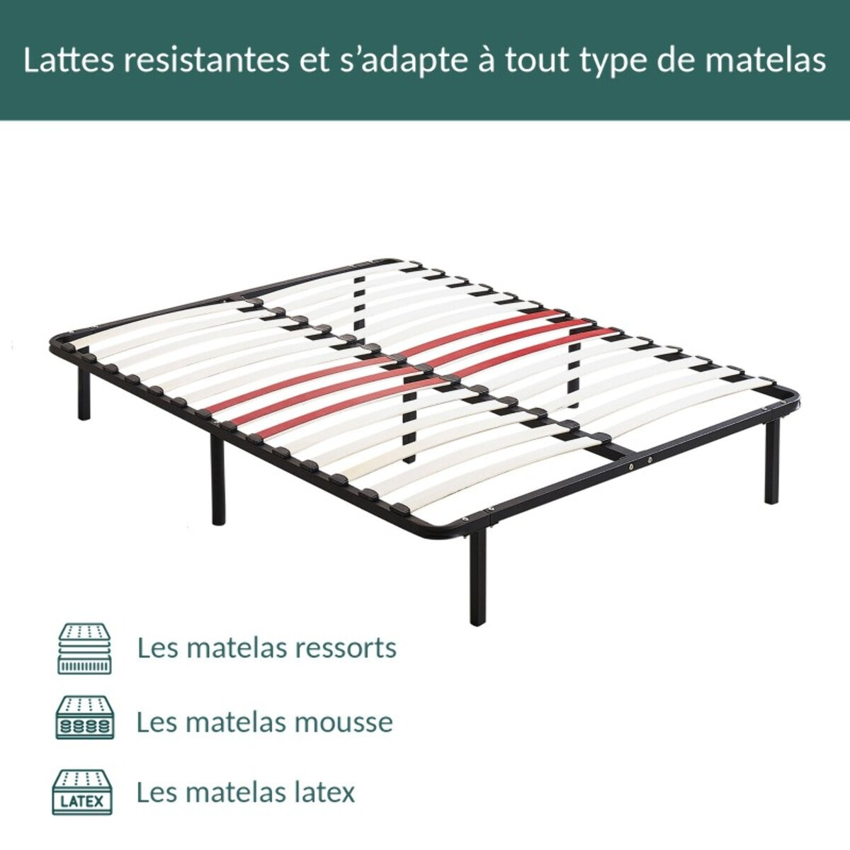 Sommier Orthosense | Cadre de lit métallique | Lattes flexibles | Zone de soutien au niveau des lombaires | 7 Pieds Inclus |