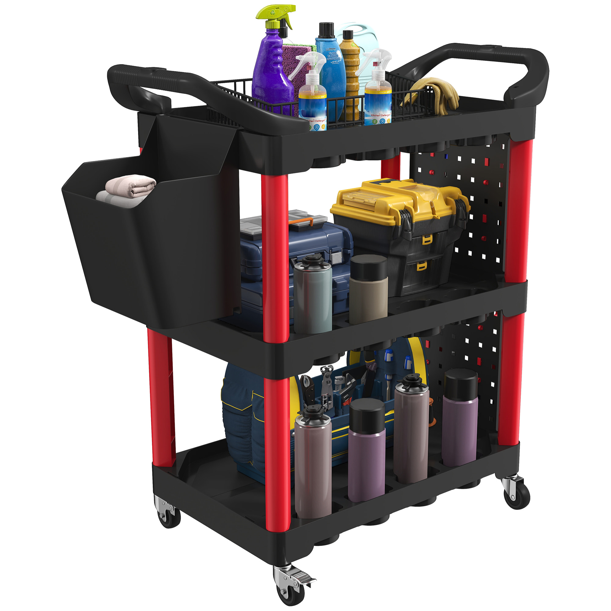 Carro de Taller de 3 Niveles, Carro de Herramientas con Paneles Perforados, Asa Lateral, Ganchos, Cubeta, para Garaje Mecánico, Hogar, Negro y Rojo