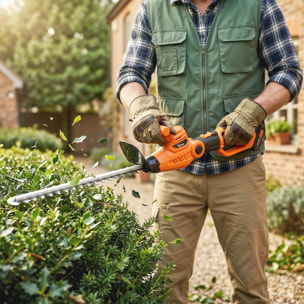 Taille-haies télescopique sans fil 100W 2 batteries lame asymétrique double action 51 cm orange