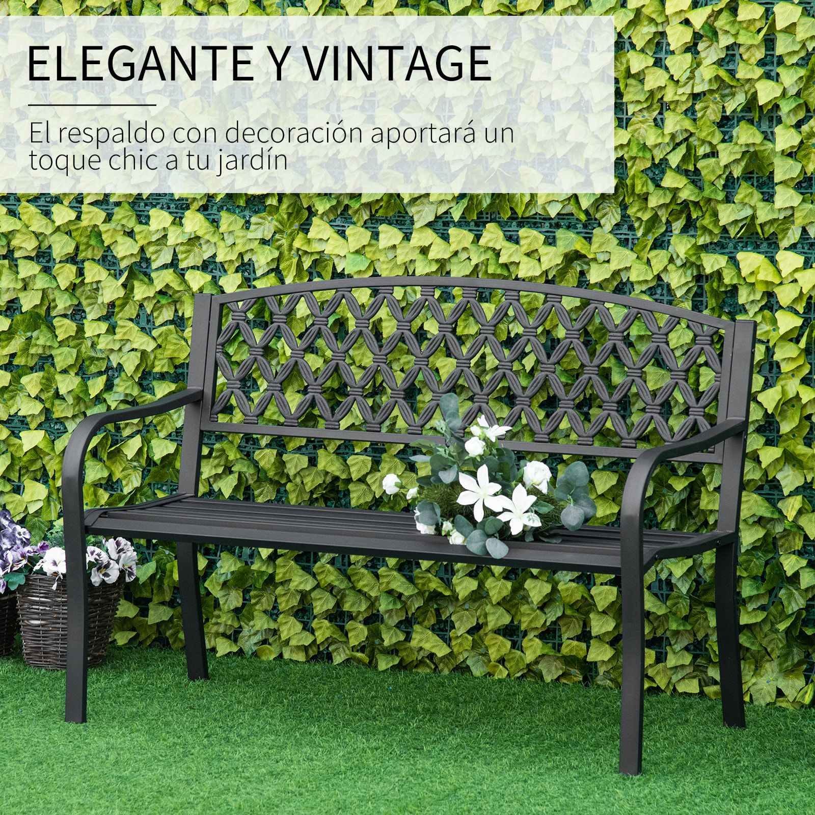 Banco de Jardín de 2 Plazas con Respaldo Decorativo y Reposabrazos para Terraza Balcón Patio Exterior Carga 240 kg Hierro Fundido y Acero 128x58,5x89 cm Negro