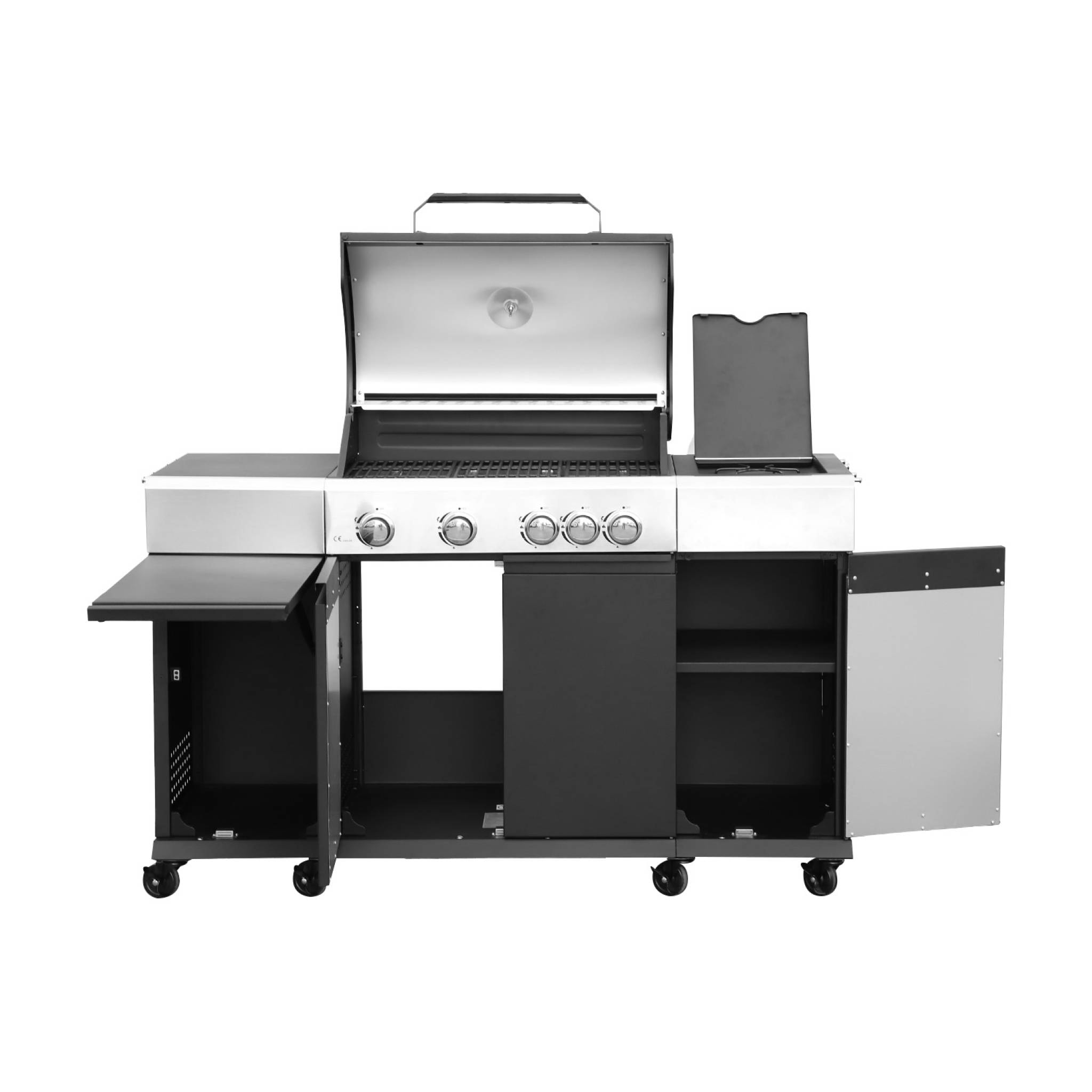 Barbecue gaz 4 brûleurs + 1 feu latéral, cuisine d'extérieure avec tablettes, thermomètre et housse MAXIM AVEC HOUSSE