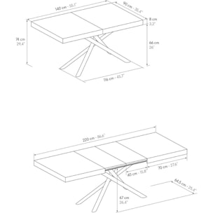 Tavolo CARRARA in legno, finitura rovere rustico e base in metallo verniciato bianco, allungabile 140x90 cm - 220x90 cm