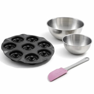Ensemble avec 1 Moule pour 8 beignets au four, 1 spatule Zenker et 2 bols à mixer en inox Fackelmann