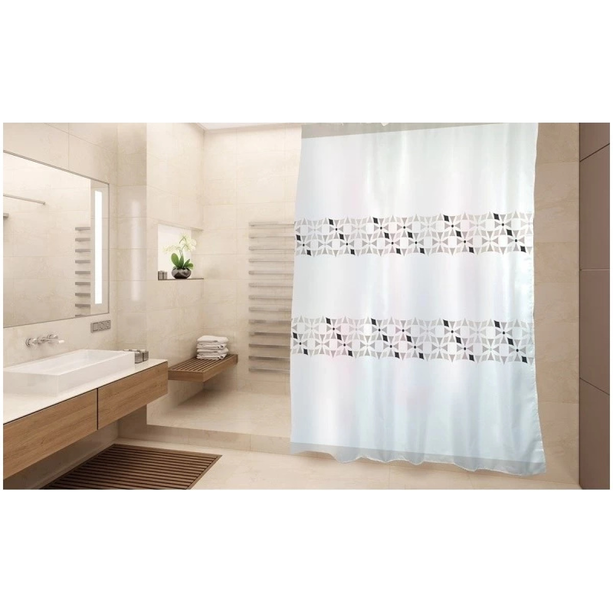 Rideau de douche Polyester PORTO 180x200cm QUALITà PREMIUM Beige & Blanc - Anneaux inclus MSV