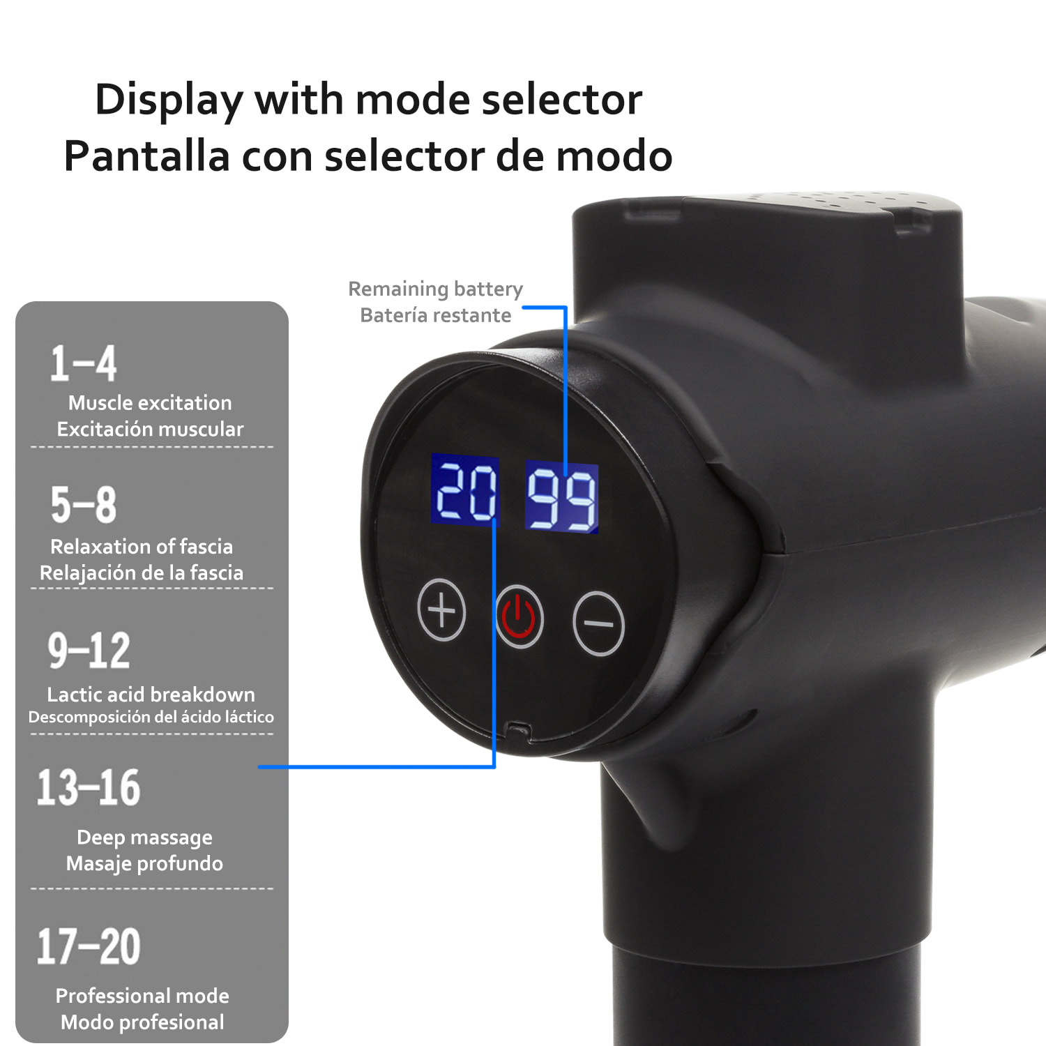 Pistola de masaje muscular Fascia Gun J-21. 20 niveles de masaje y 6 cabezales específicos. Incluye estuche de transporte.