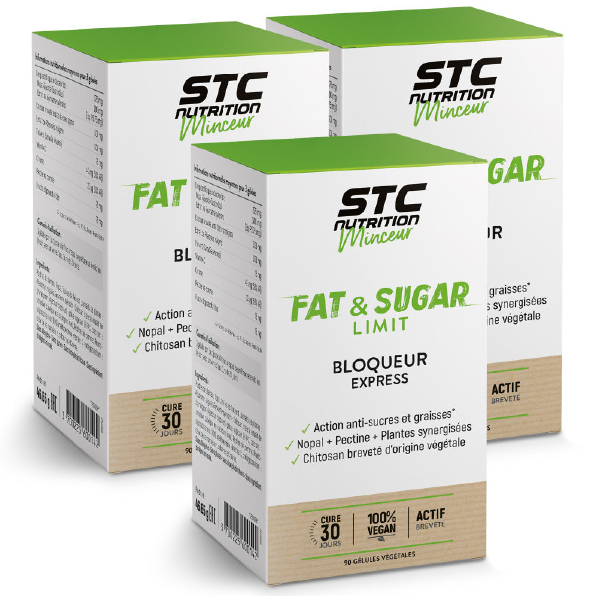 Fat & Sugar Limit - Complément alimentaire à base de Nopal, Thé vert, Gymnema & Chitosan - Bloque les sucres et graisses - Favorise la satiété - Vegan - Lot de 3