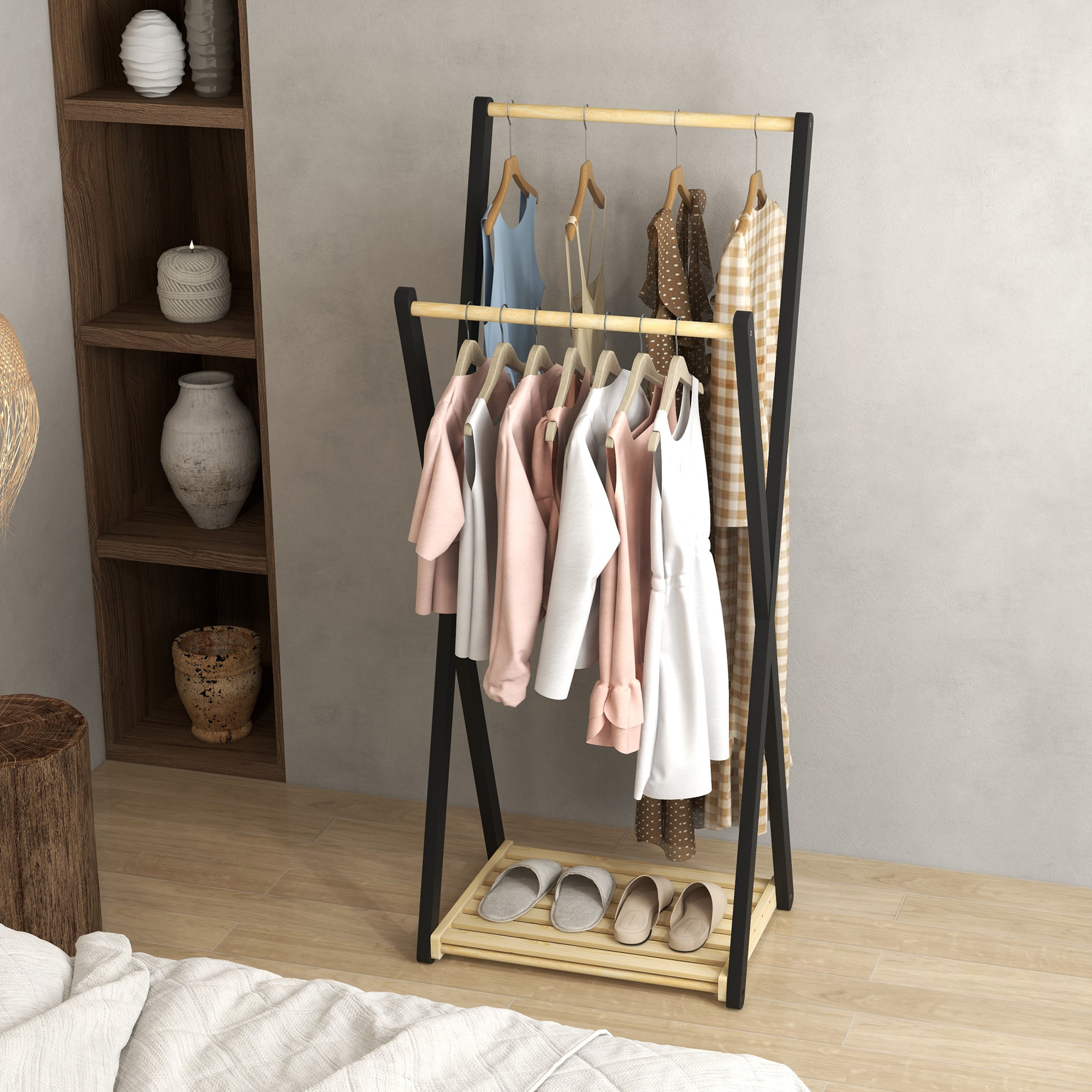 Portant à vêtements design contemporain - 2 barres, étagère - bois de pin naturel noir