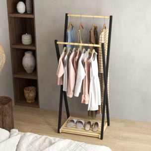 Portant à vêtements design contemporain - 2 barres, étagère - bois de pin naturel noir