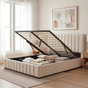Lit Coffre Trocadéro en Velours Beige, Grand espace de Rangement, Tête de Lit Rembourrée, Sommier à Lattes Actives, Robuste et Confortable