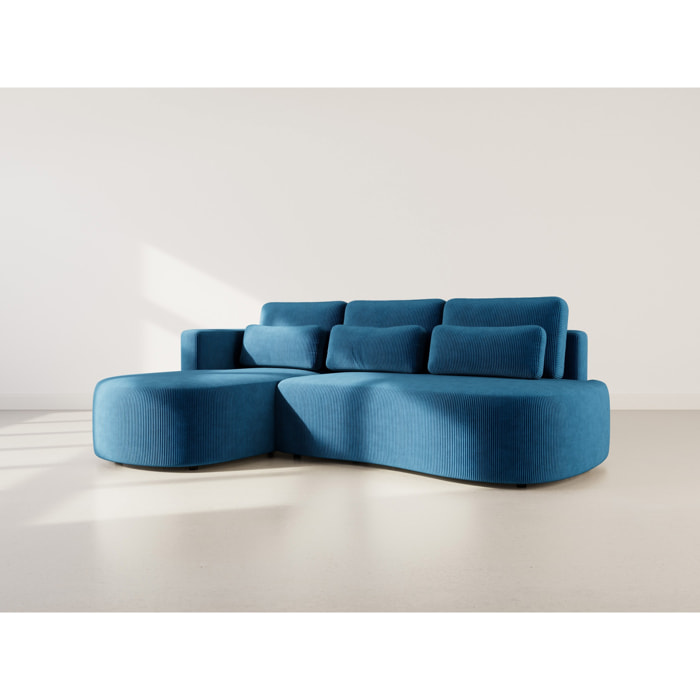 Mahina - canapé d'angle gauche 4 places convertible avec coffre en velours côtelé - Bleu