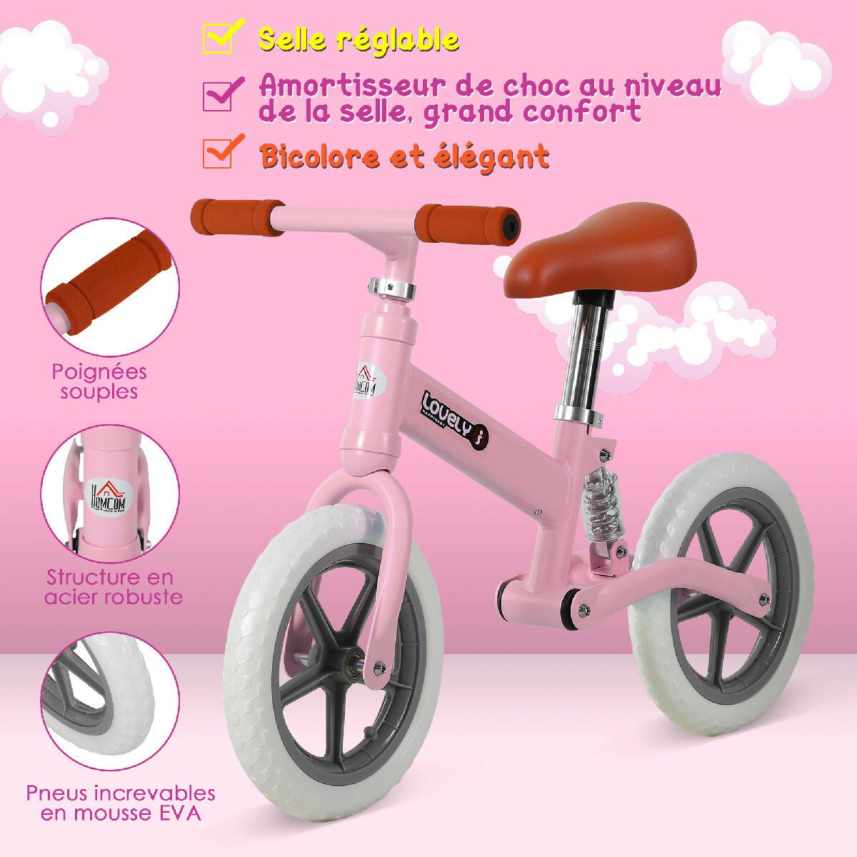 Draisienne enfant roues 12'' suspension selle hauteur réglable acier rose