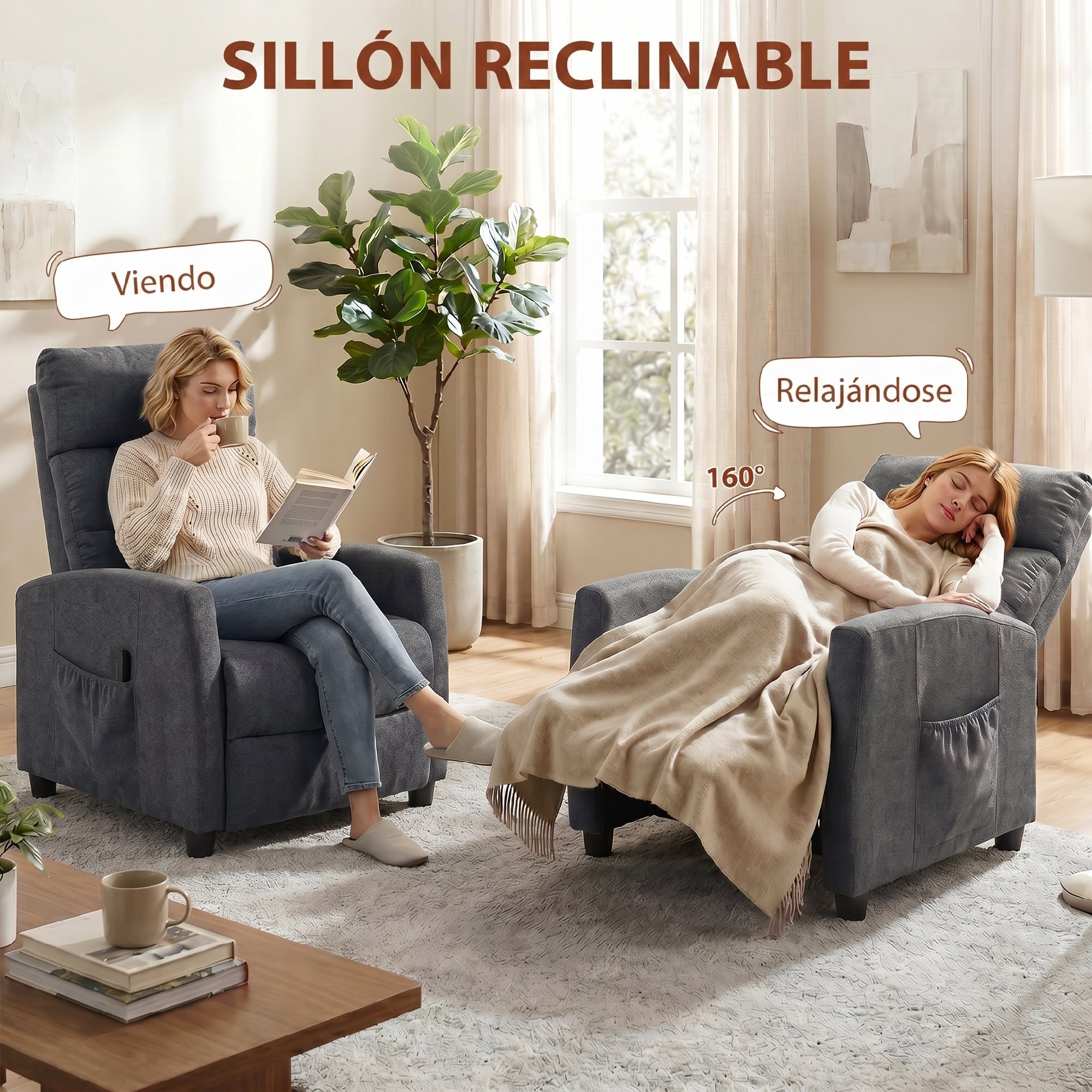 Sillón de Masaje, Sillón Relax Reclinable 160° con Mando a Distancia, Reposapiés, 2 Zonas de Masaje, Respaldo Alto, Asiento de Muelles, Bolsillos, Tapizado en Chenilla, 66x91x108 cm Gris Oscuro