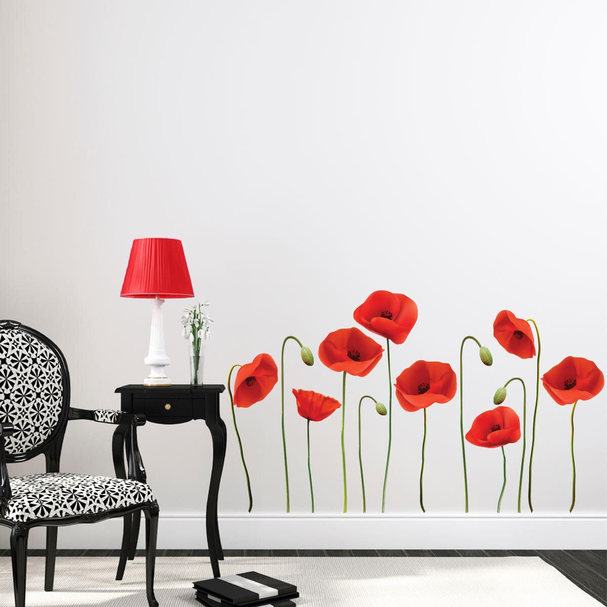 Stickers muraux | Sticker Mural Autocollant - FLEURS COQUELICOTS VERMEIL - adhésifs fond transparent