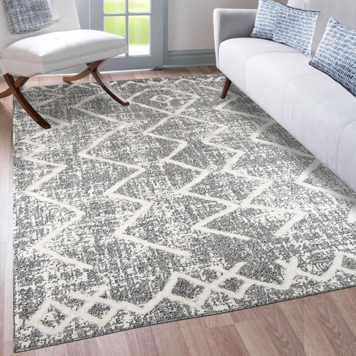 Tapis Ceso en relief dessin géométrique, couleur gris et blanc