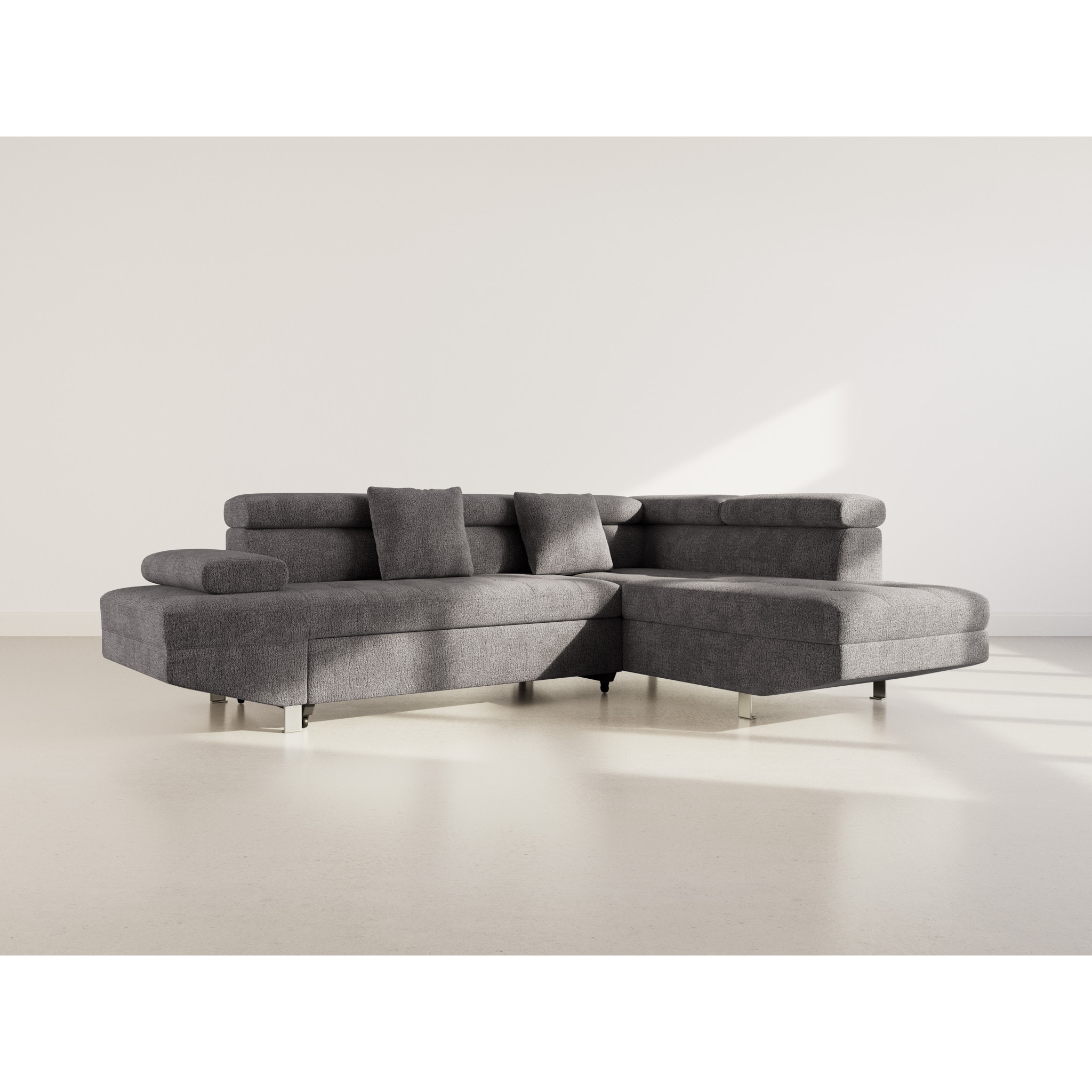 Margaux - Canapé d'angle droit 5 places convertible avec coffre et têtières réglables en velours texturé - Gris