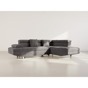 Margaux - Canapé d'angle droit 5 places convertible avec coffre et têtières réglables en velours texturé - Gris