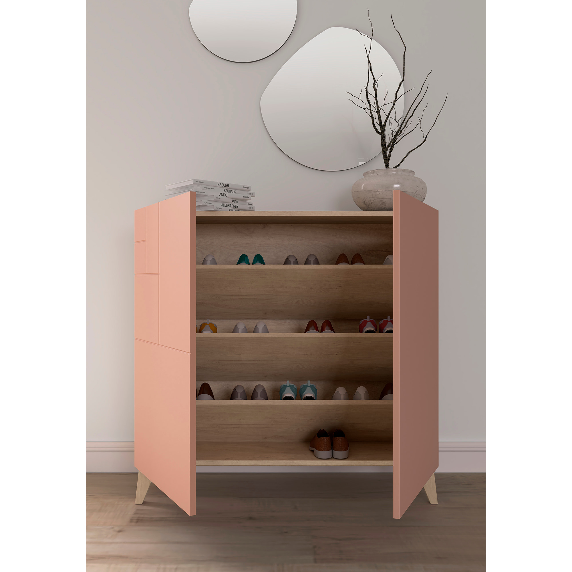 Zapatero Bergen melamina roble claro puertas rosa patas roble cl 87x90x27cm