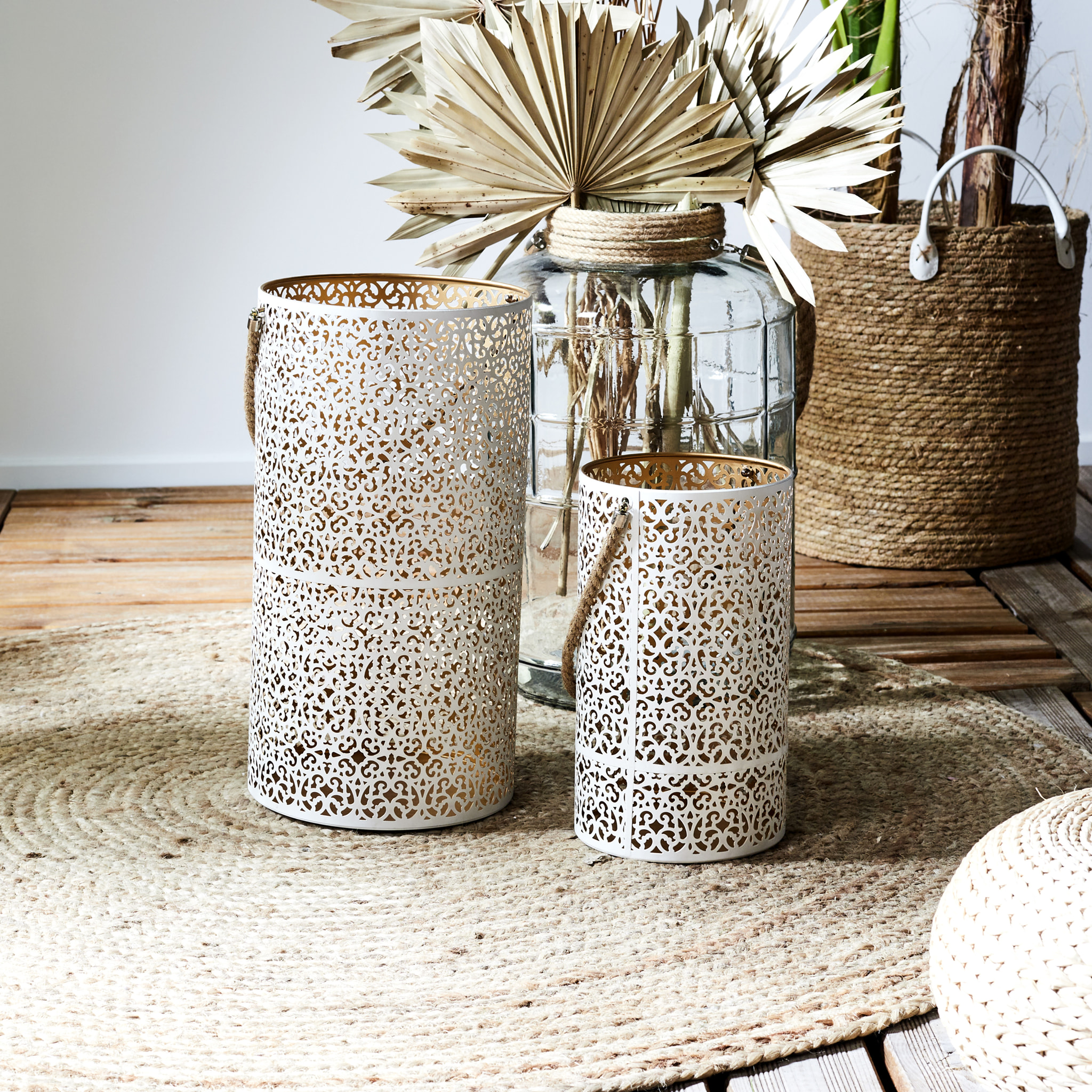 Lanterne Metal Ajoure Blanc Dore