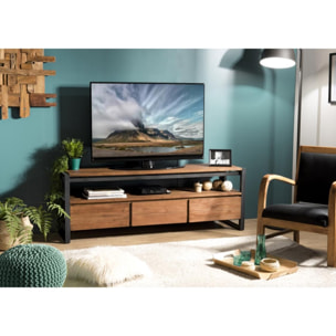 ALIDA - Meuble TV marron 3 tiroirs 1 étagère teck recyclé et métal noir
