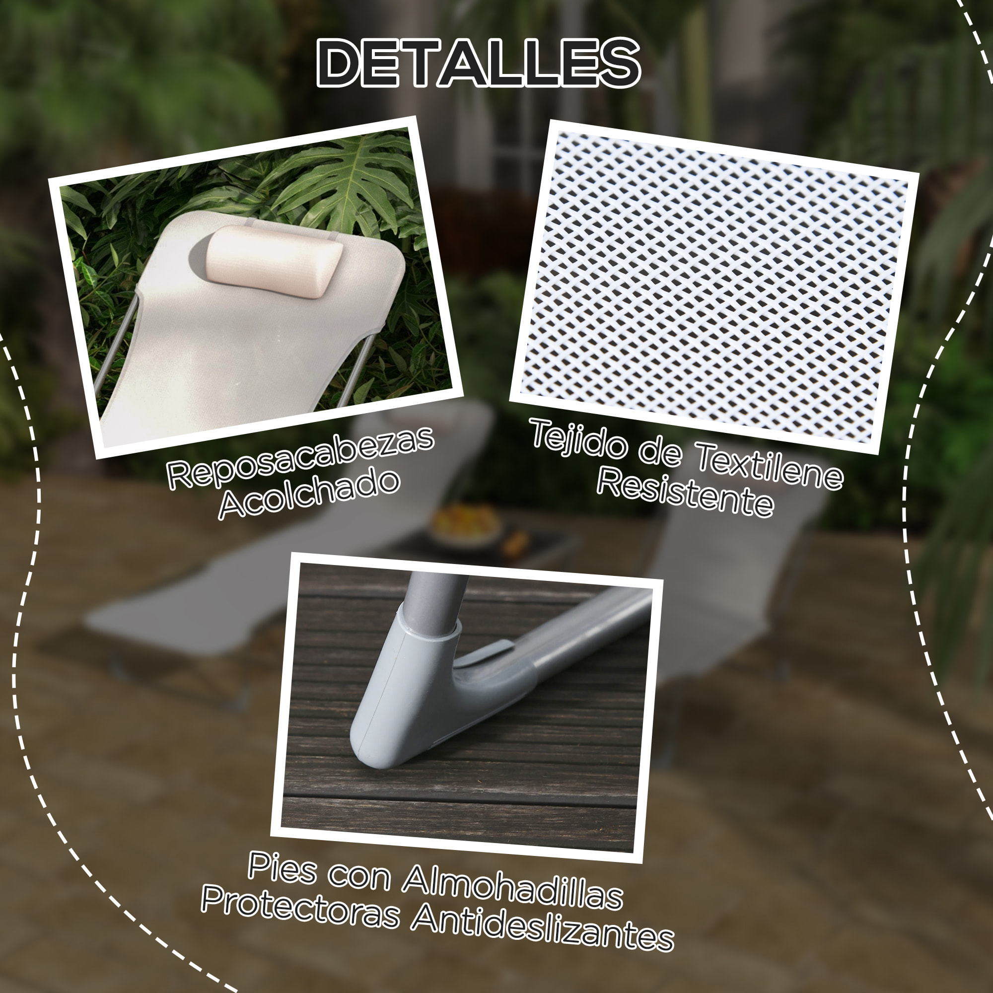 Conjunto de 2 Tumbonas Plegables y Reclinables de Jardín con Reposacabezas y Respaldo Ajustable en 5 Niveles Carga 120 kg para Playa Terraza 182x56x24,5 cm Crema
