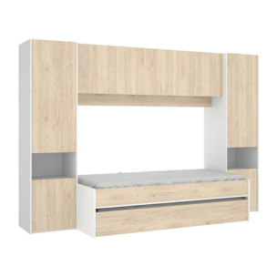 Letto per bambini Venturosa, Cameretta completa con armadio a ponte e cassettone, Composizione con letto e lettino singolo estraibile, 303x97h203 cm, Rovere e Bianco