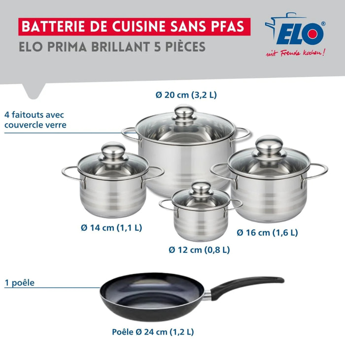 Ensemble de 1 Poêle de cuisson 24 cm et 4 faitouts 12, 14, 16 et 20 cm Elo Prima Brillant