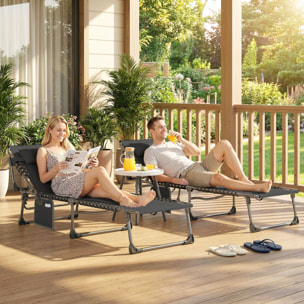 Set de 2 Tumbonas Jardín Exterior, Tumbonas Plegables con Reposacabezas y Bolsillo Lateral, Respaldo Reclinable 5 Posiciones y Asiento de Malla Transpirable para Playa, Piscina, Negro