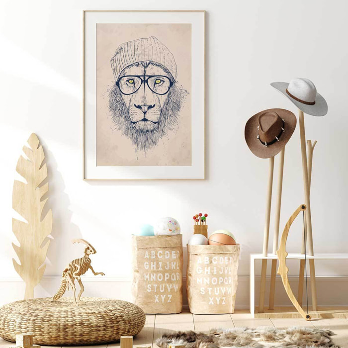 Affiche enfant lion  Affiche + cadre en bois - Chêne