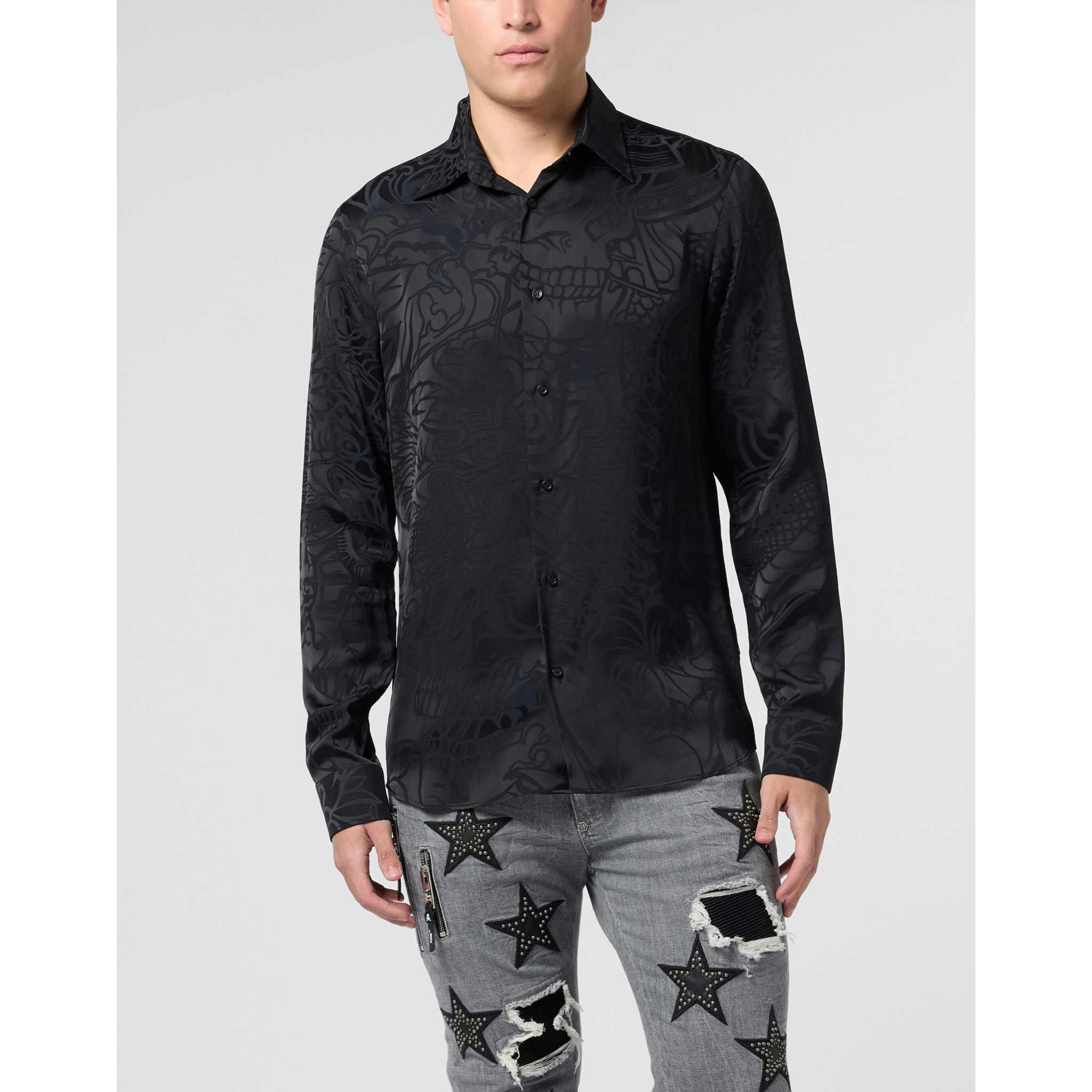 PHILIPP PLEIN Loose Fit Silk Shirt Dragon Skull
